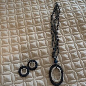 Navy/Silver Wavy Beaded Necklace and Earrings Set